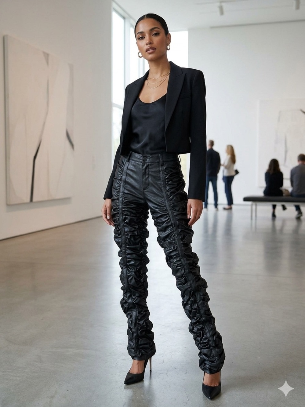 Darker Wavs Black Ruched Vinyl Pants for Women